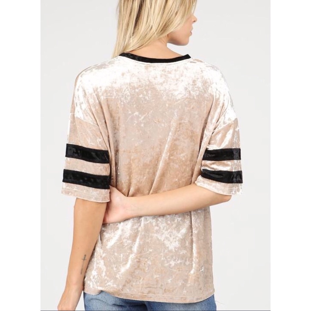 ❗️CLOSING SALE❗️ Beige Varsity stripe velvet tee - Picture 2 of 4